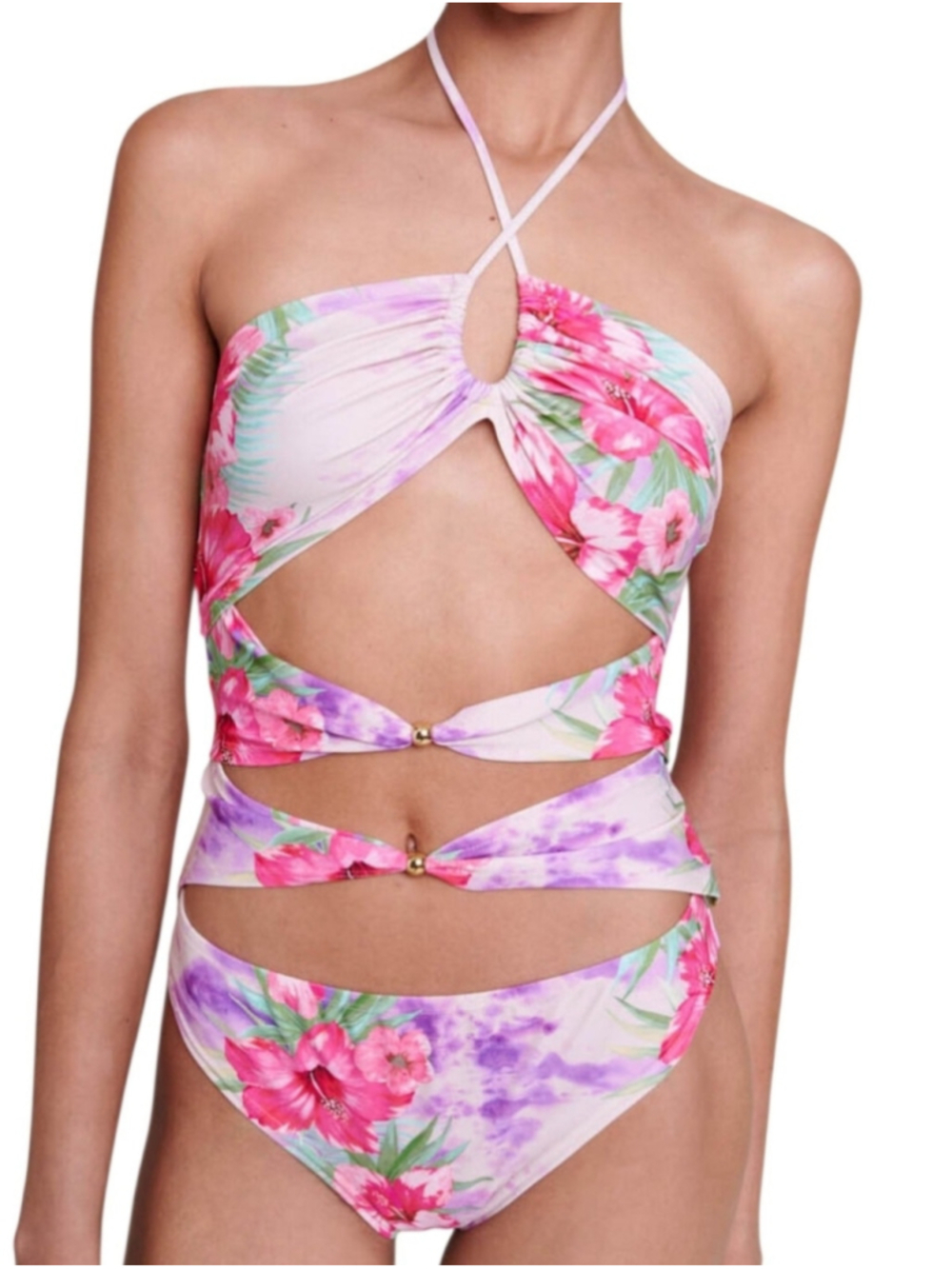 NWT MAJE Openwork Swimsuit Pink/Green Hibiscus Medium (Size 2)